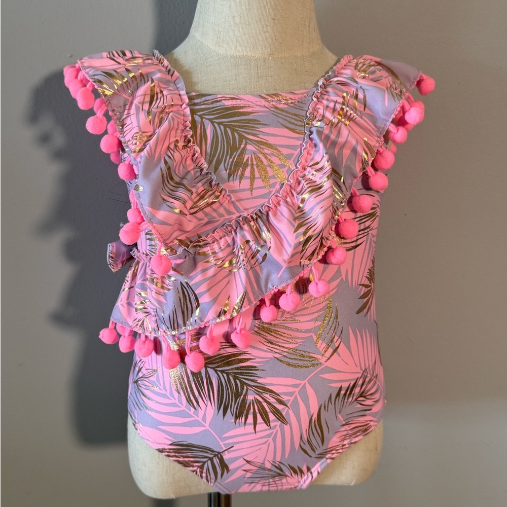 Pink and Gold Leaf Print Baby Romper. Girl Toddler 2T